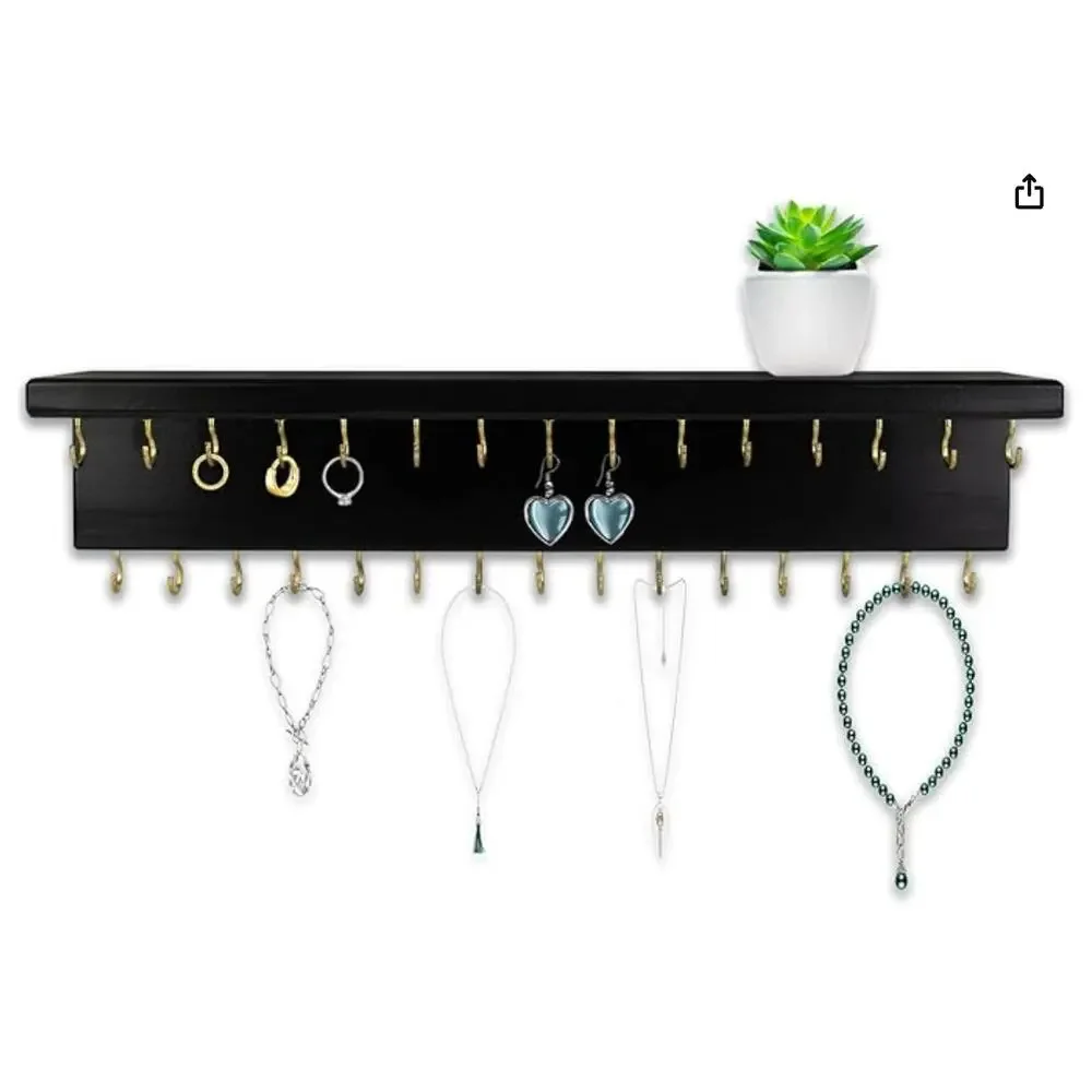 Hair Bow/Jewelry Organizer with 24 Hooks and Shelf, Wall Mounted- Black - Picture 2 of 5